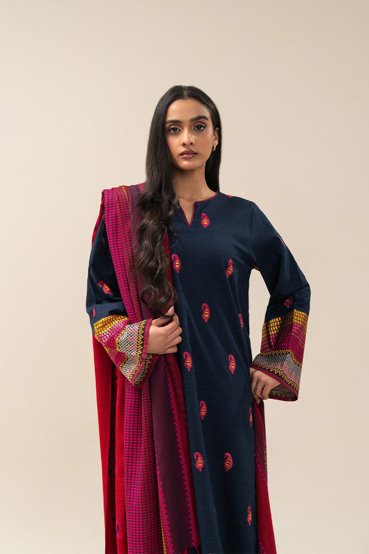 3 PIECE EMBROIDERED SLUB KHADDAR SUIT (PRET)