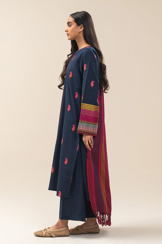 3 PIECE EMBROIDERED SLUB KHADDAR SUIT (PRET)