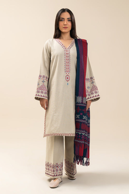 3 PIECE EMBROIDERED SLUB KHADDAR SUIT (PRET)