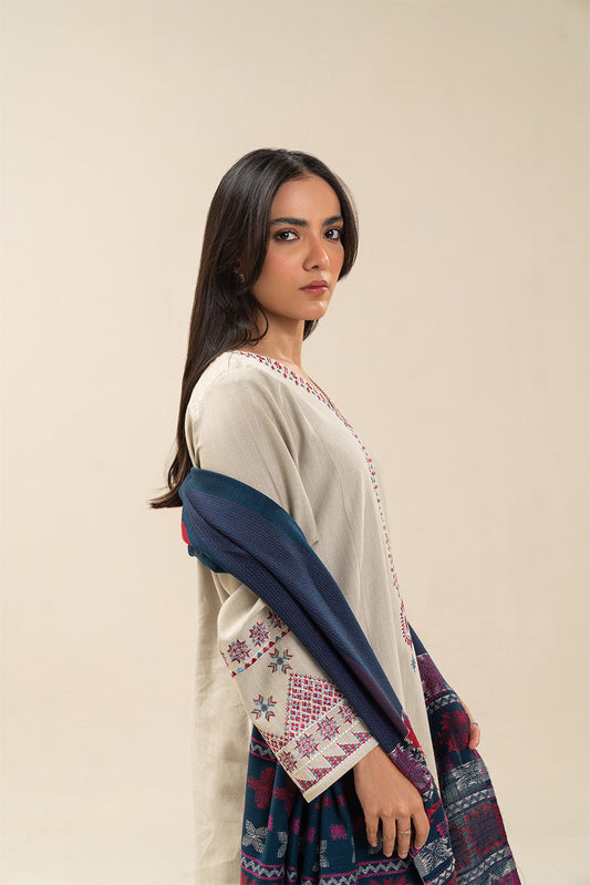 3 PIECE EMBROIDERED SLUB KHADDAR SUIT (PRET)