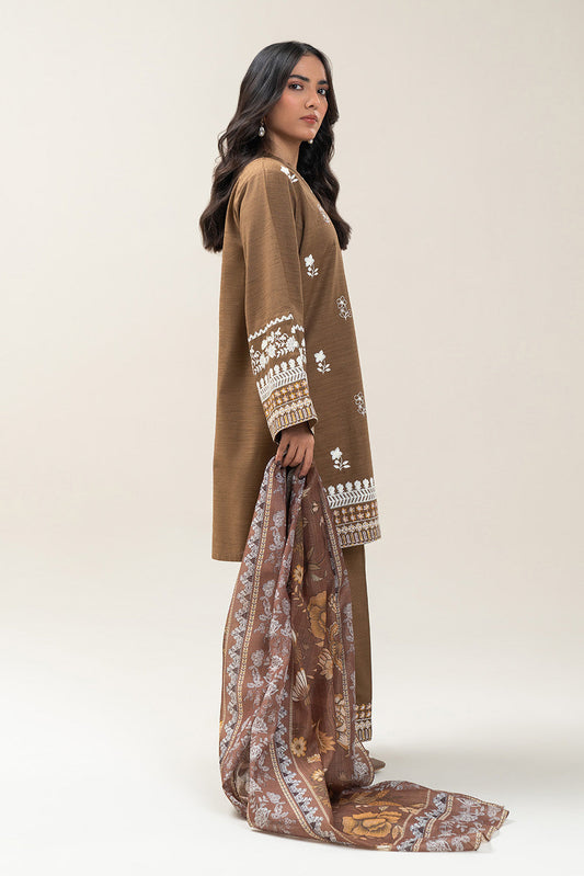 3 PIECE EMBROIDERED SLUB KHADDAR SUIT (PRET)
