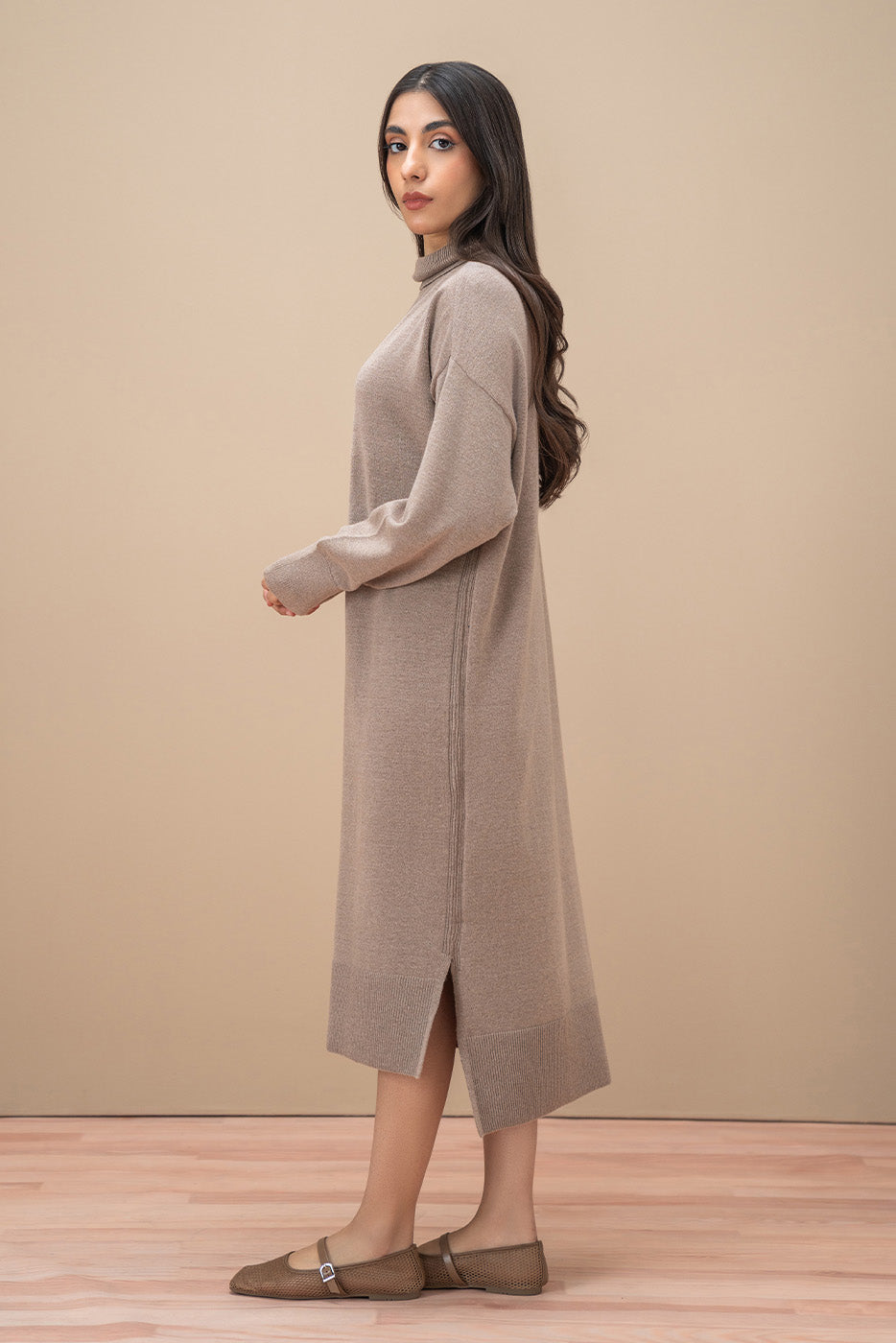 TURTLE NECK SIDE SLIT DRESS