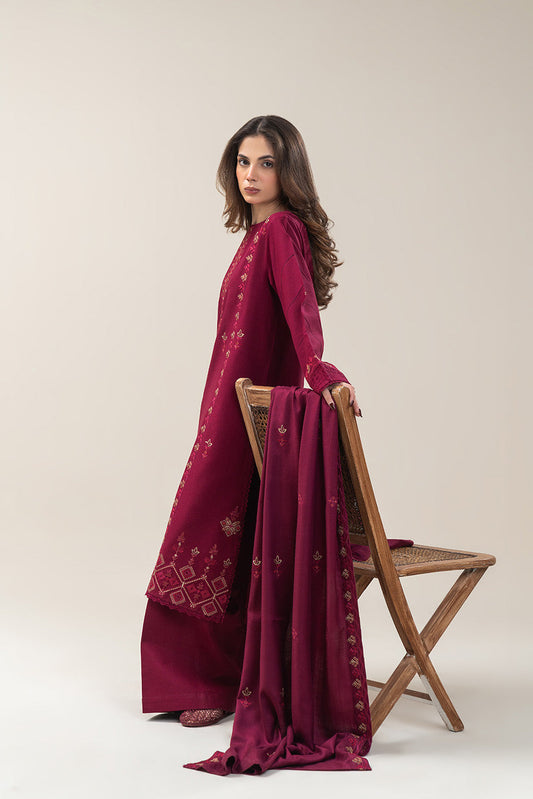 3 PIECE EMBROIDERED SLUB KHADDAR SUIT-MAGENTA VERVE (UNSTITCHED)