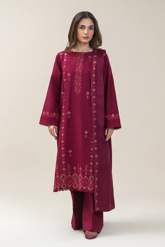 3 PIECE EMBROIDERED SLUB KHADDAR SUIT-MAGENTA VERVE (UNSTITCHED)