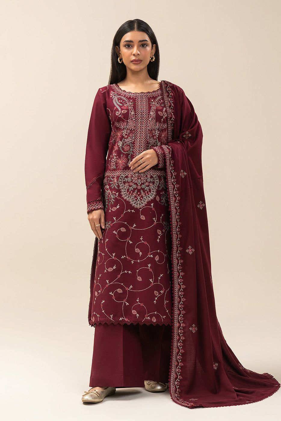 3 PIECE EMBROIDERED KHADDAR SUIT-POMEGRANATE RED (UNSTITCHED)