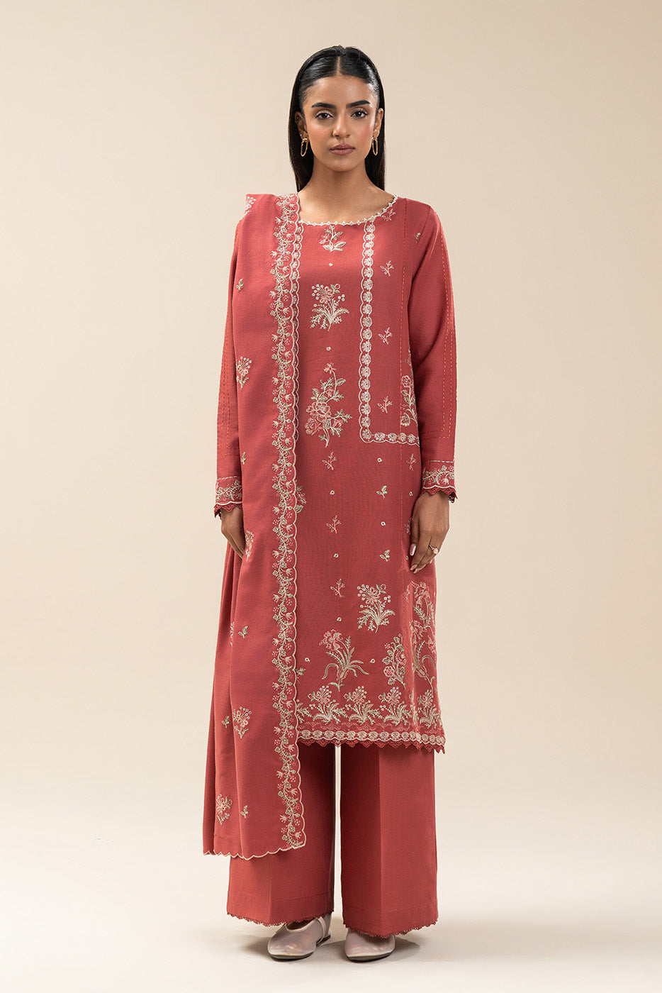 3 PIECE EMBROIDERED KHADDAR SUIT-CORAL GLEAM (UNSTITCHED)