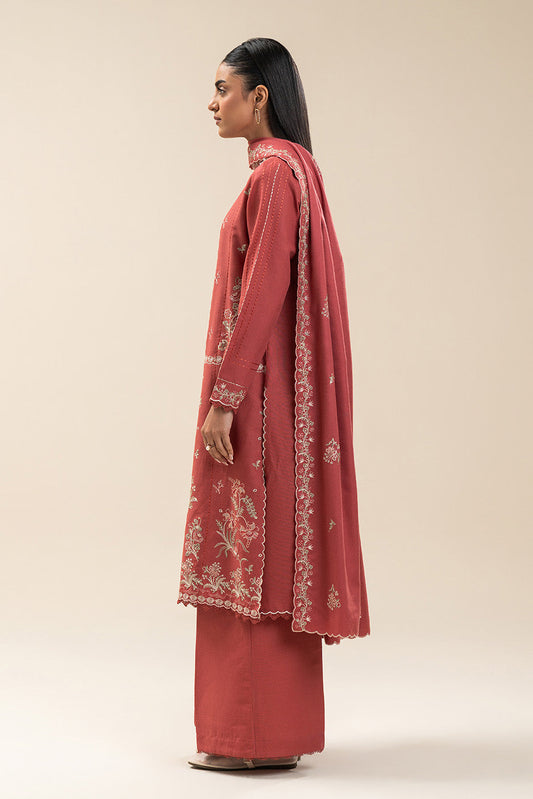 3 PIECE EMBROIDERED KHADDAR SUIT-CORAL GLEAM (UNSTITCHED)