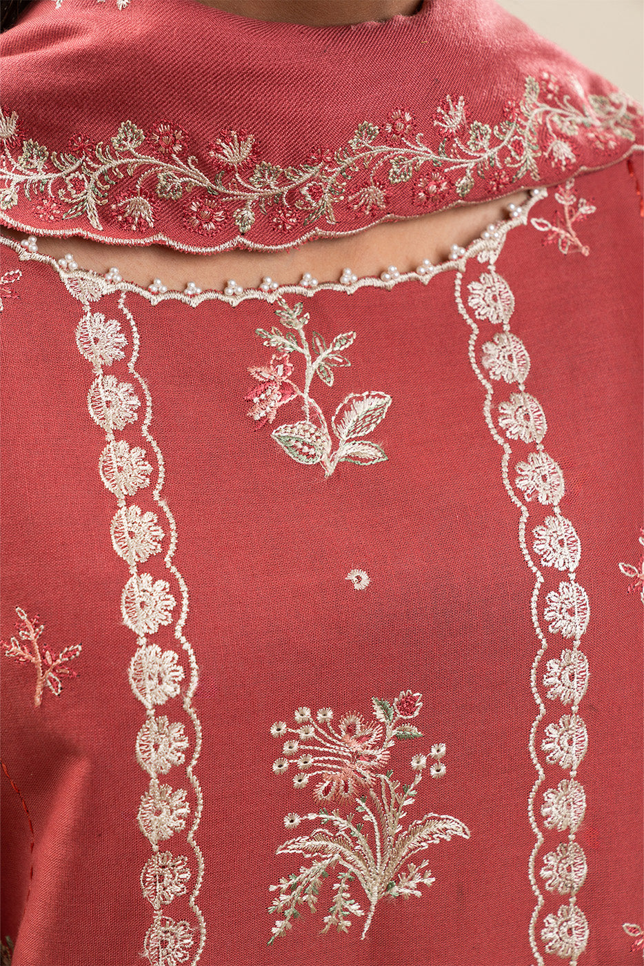 3 PIECE EMBROIDERED KHADDAR SUIT-CORAL GLEAM (UNSTITCHED)