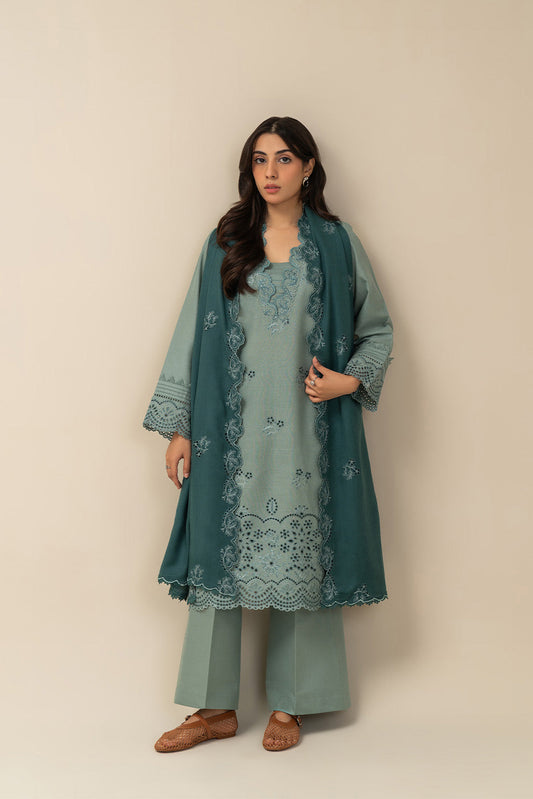 3 PIECE EMBROIDERED SLUB KHADDAR SUIT-MYSTIC MINT (UNSTITCHED)