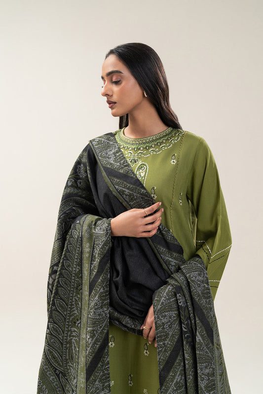 3 PIECE EMBROIDERED SLUB KHADDAR SUIT-TRIBAL GREEN (UNSTITCHED)