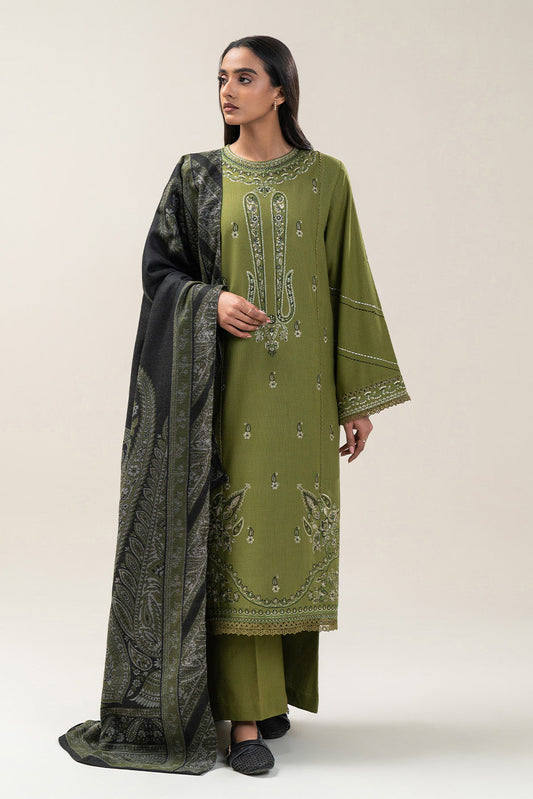 3 PIECE EMBROIDERED SLUB KHADDAR SUIT-TRIBAL GREEN (UNSTITCHED)