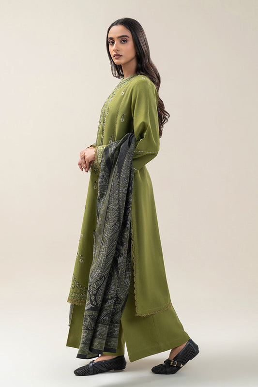 3 PIECE EMBROIDERED SLUB KHADDAR SUIT-TRIBAL GREEN (UNSTITCHED)