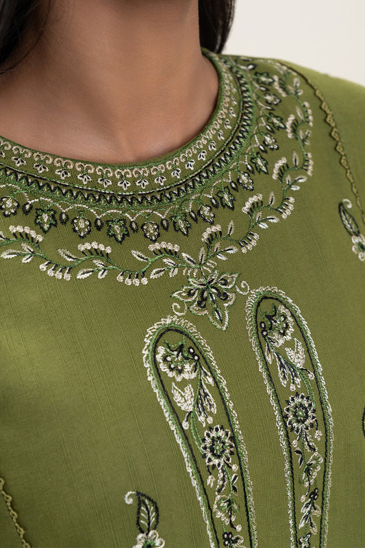 3 PIECE EMBROIDERED SLUB KHADDAR SUIT-TRIBAL GREEN (UNSTITCHED)