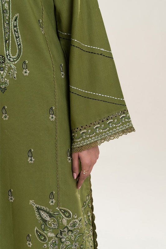 3 PIECE EMBROIDERED SLUB KHADDAR SUIT-TRIBAL GREEN (UNSTITCHED)