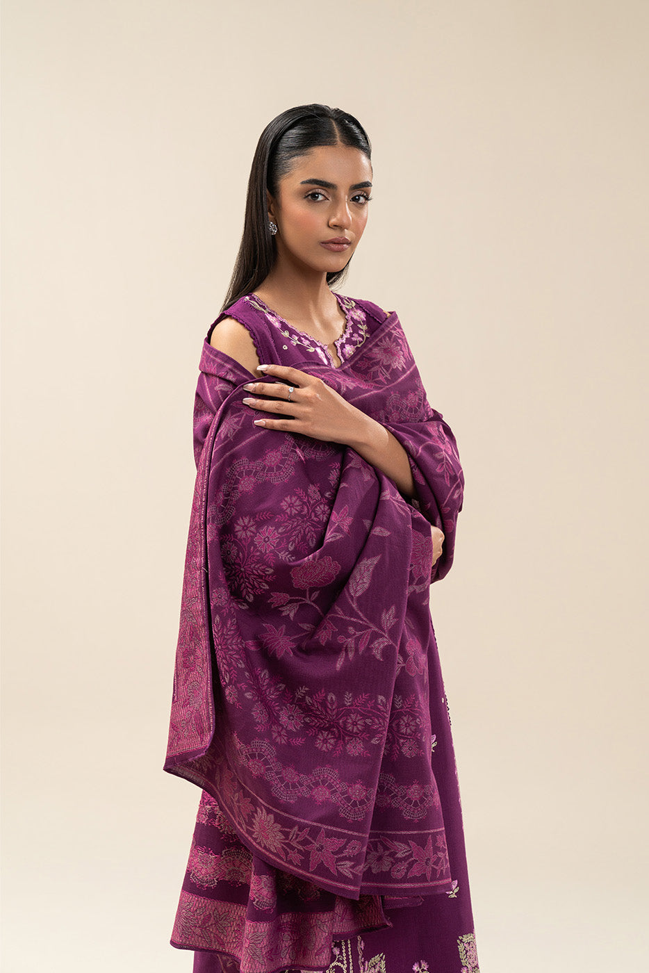 3 PIECE EMBROIDERED SLUB KHADDAR SUIT-TYRIAN PURPLE (UNSTITCHED)