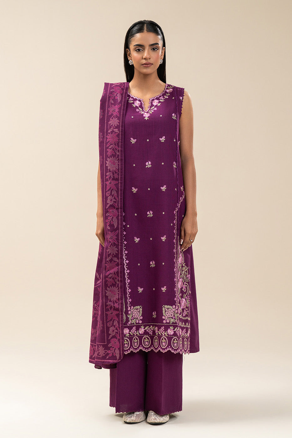 3 PIECE EMBROIDERED SLUB KHADDAR SUIT-TYRIAN PURPLE (UNSTITCHED)