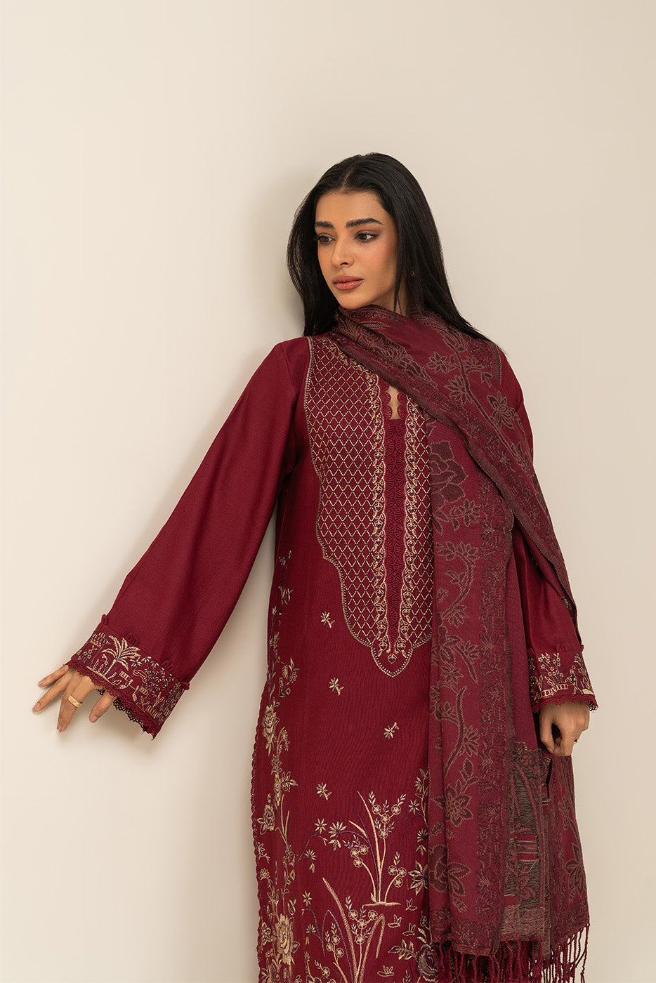 3 PIECE EMBROIDERED SLUB KHADDAR SUIT-JAPANESE MAPLE (UNSTITCHED)