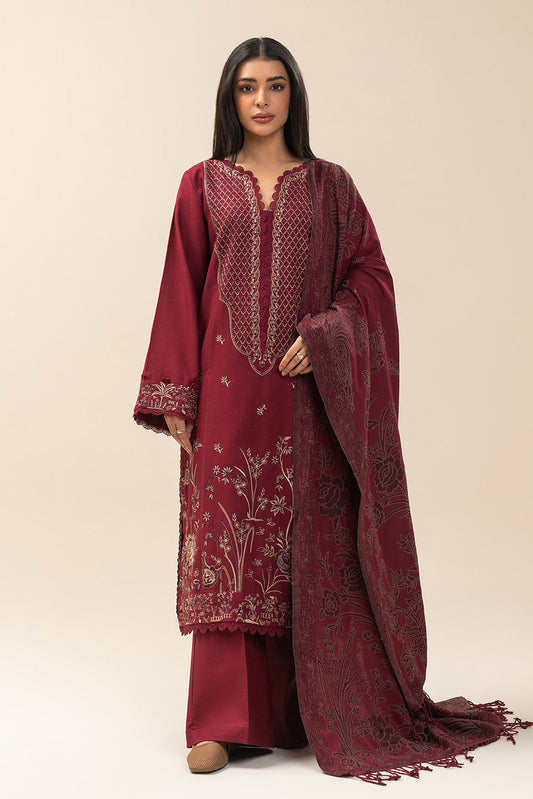 3 PIECE EMBROIDERED SLUB KHADDAR SUIT-JAPANESE MAPLE (UNSTITCHED)
