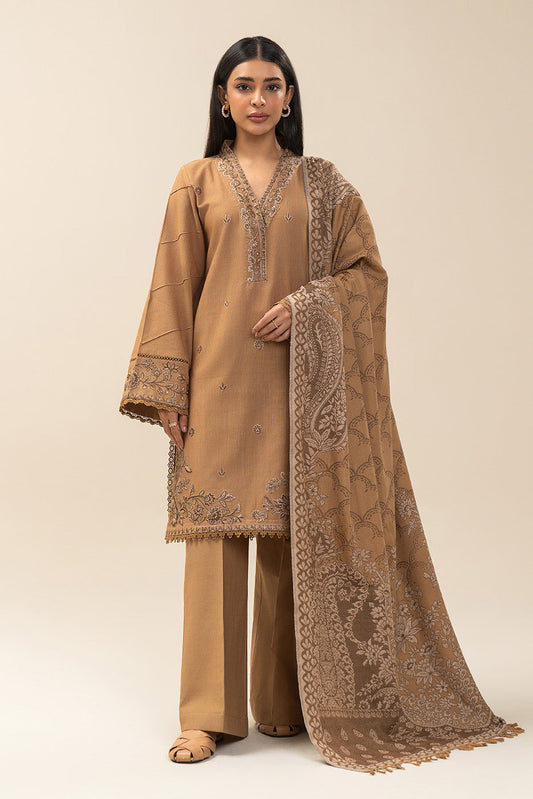 3 PIECE EMBROIDERED SLUB KHADDAR SUIT-FAWN FROST (UNSTITCHED)