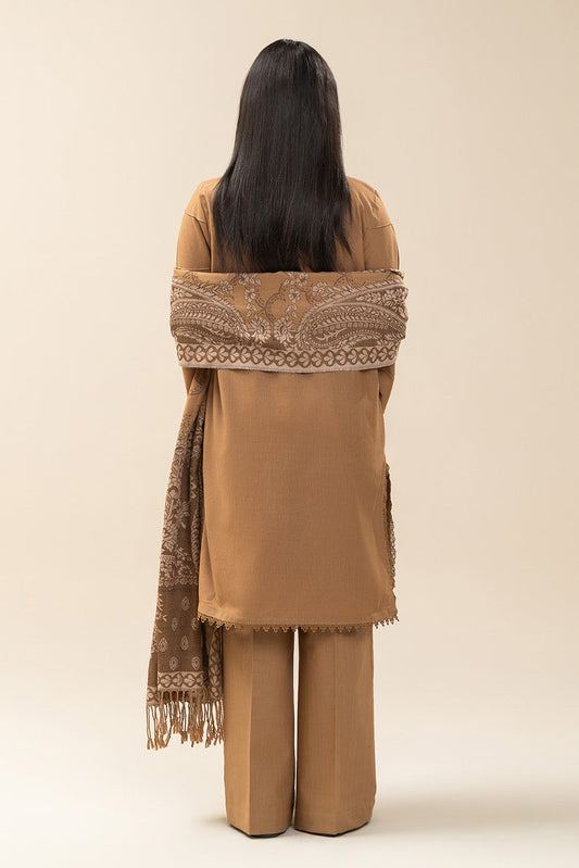 3 PIECE EMBROIDERED SLUB KHADDAR SUIT-FAWN FROST (UNSTITCHED)