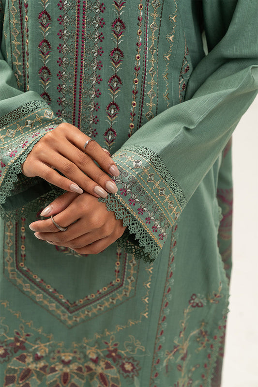 3 PIECE EMBROIDERED SLUB KHADDAR SUIT-SAGE AMBUSH (UNSTITCHED)