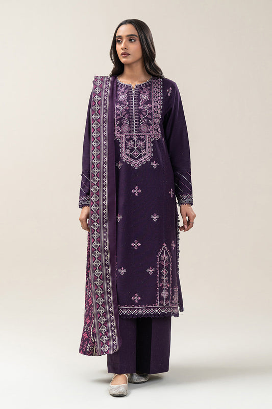 3 PIECE EMBROIDERED SLUB KHADDAR SUIT-SANGRIA MUSK (UNSTITCHED)