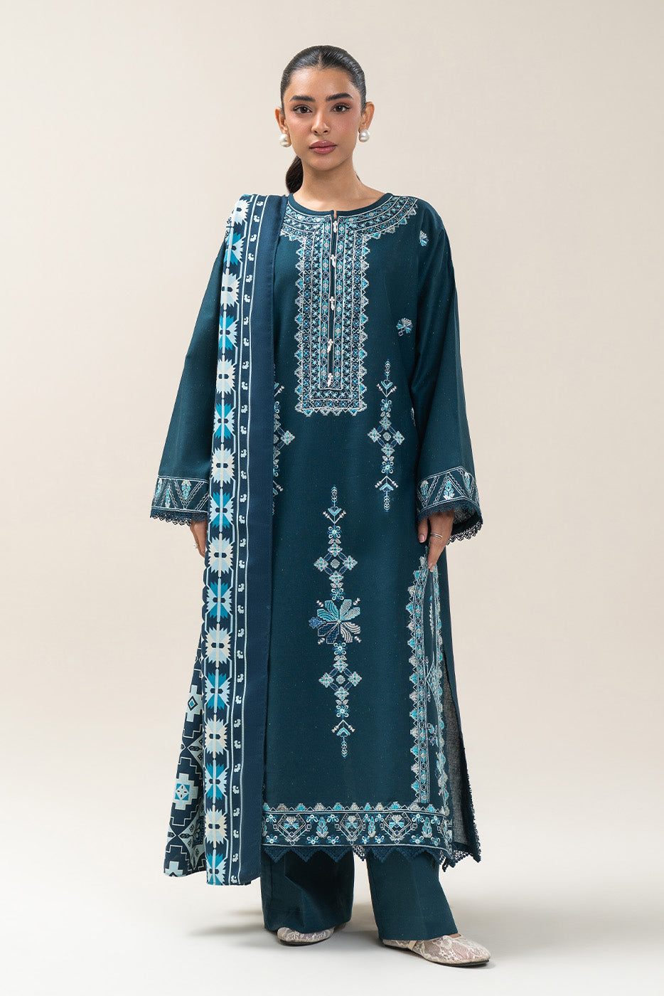 3 PIECE EMBROIDERED MULTI NAPS SUIT-DREAM BLUE