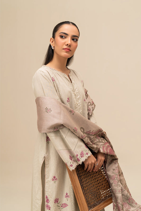 3 PIECE EMBROIDERED SLUB KHADDAR SUIT-BEIGE ALLURE (UNSTITCHED)