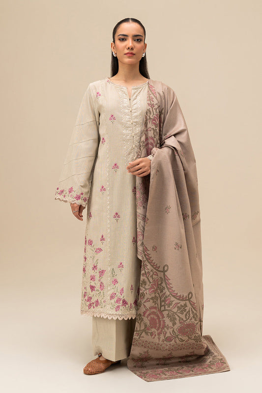 3 PIECE EMBROIDERED SLUB KHADDAR SUIT-BEIGE ALLURE (UNSTITCHED)