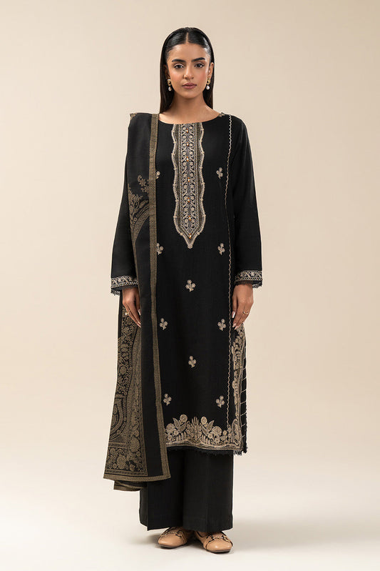 3 PIECE EMBROIDERED SLUB KHADDAR SUIT-GRAPHITE GLAM (UNSTITCHED)