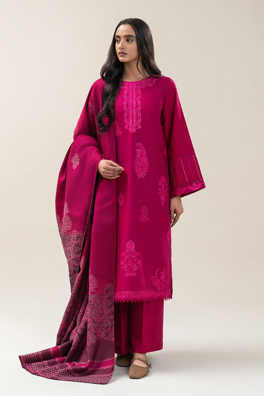 3 PIECE EMBROIDERED SLUB KHADDAR SUIT-DEEP FUSCIA (UNSTITCHED)