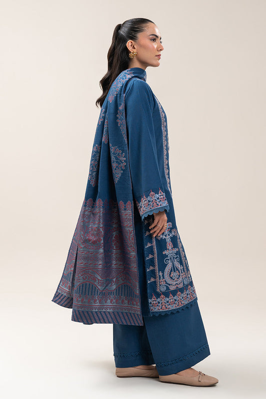3 PIECE EMBROIDERED SLUB KHADDAR SUIT-COBALT BLISS (UNSTITCHED)