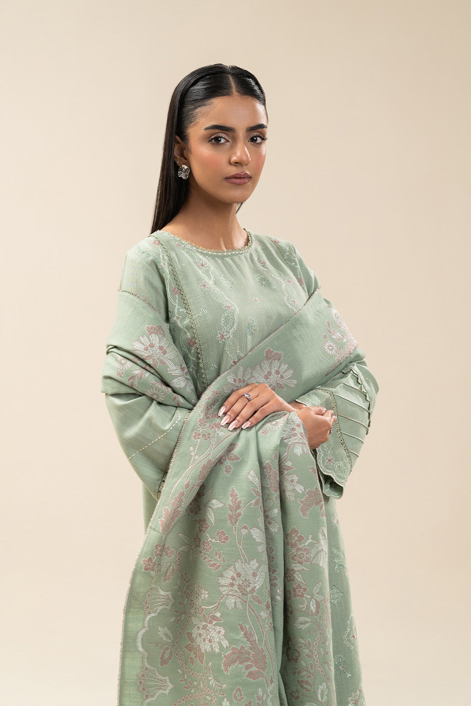 3 PIECE EMBROIDERED SLUB KHADDAR SUIT-MINT LUSH (UNSTITCHED)