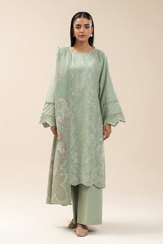 3 PIECE EMBROIDERED SLUB KHADDAR SUIT-MINT LUSH (UNSTITCHED)