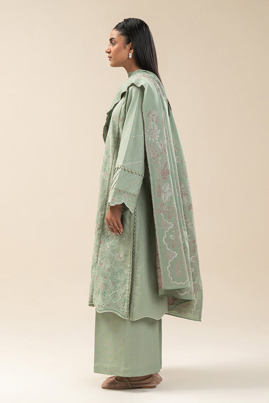 3 PIECE EMBROIDERED SLUB KHADDAR SUIT-MINT LUSH (UNSTITCHED)
