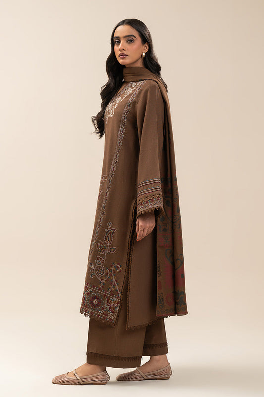 3 PIECE EMBROIDERED SLUB KHADDAR SUIT-SEPIA VERVE (UNSTITCHED)