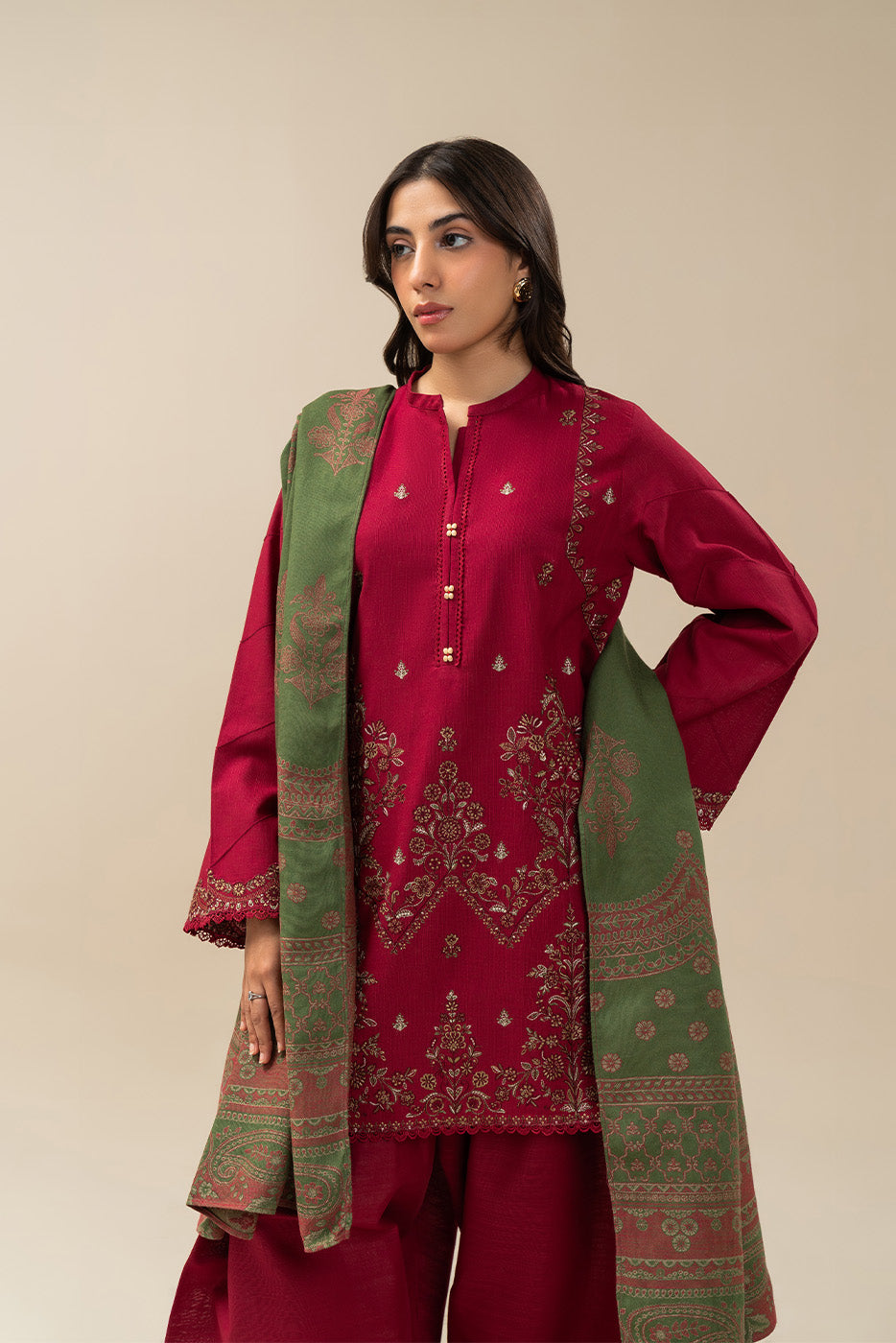 3 PIECE EMBROIDERED SLUB KHADDAR SUIT-POMPEIAN PASSION (UNSTITCHED)