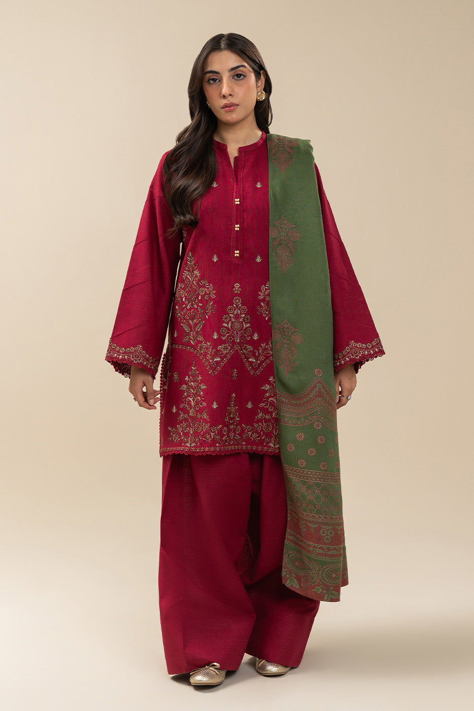 3 PIECE EMBROIDERED SLUB KHADDAR SUIT-POMPEIAN PASSION (UNSTITCHED)