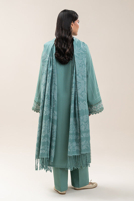 3 PIECE EMBROIDERED SLUB KHADDAR SUIT-MINT GLAM (UNSTITCHED)