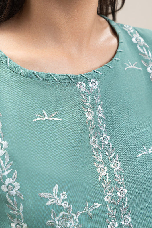 3 PIECE EMBROIDERED SLUB KHADDAR SUIT-MINT GLAM (UNSTITCHED)