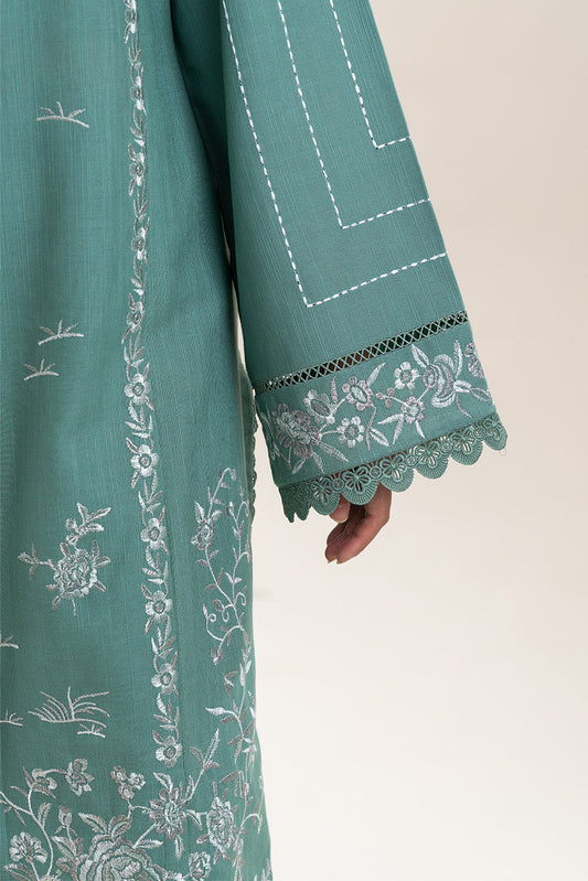 3 PIECE EMBROIDERED SLUB KHADDAR SUIT-MINT GLAM (UNSTITCHED)