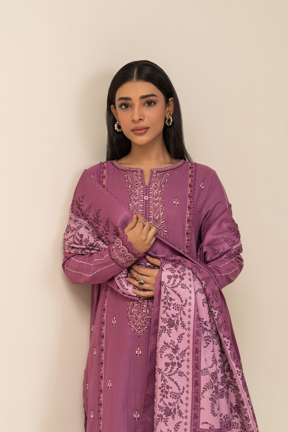 3 PIECE EMBROIDERED SLUB KHADDAR SUIT-OPERA MAUVE (UNSTITCHED)