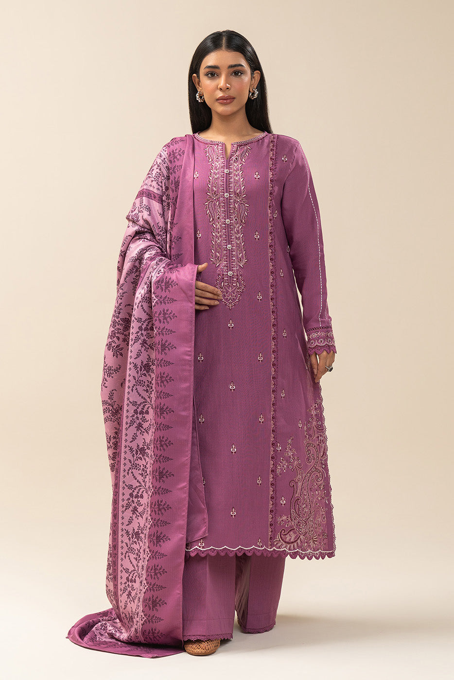 3 PIECE EMBROIDERED SLUB KHADDAR SUIT-OPERA MAUVE (UNSTITCHED)