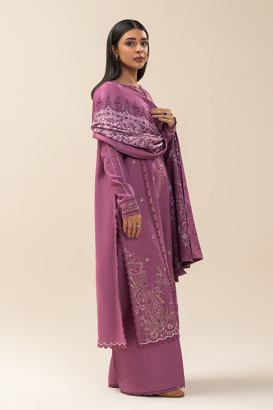 3 PIECE EMBROIDERED SLUB KHADDAR SUIT-OPERA MAUVE (UNSTITCHED)