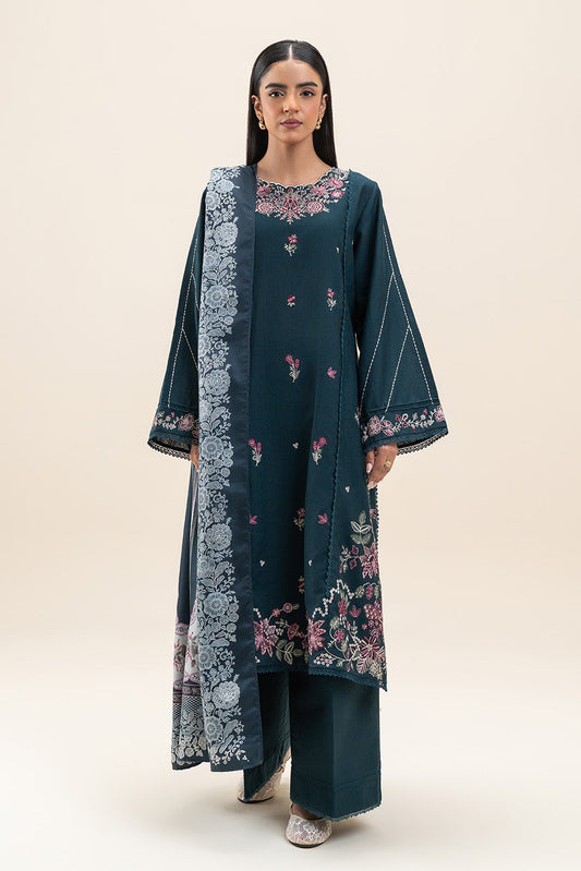 3 PIECE EMBROIDERED SLUB KHADDAR SUIT-VIVID BLUE