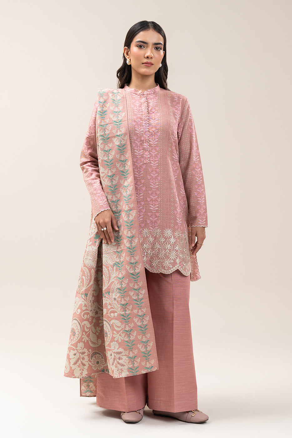 3 PIECE EMBROIDERED SLUB KHADDAR SUIT-DUTCH PINK (UNSTITCHED)