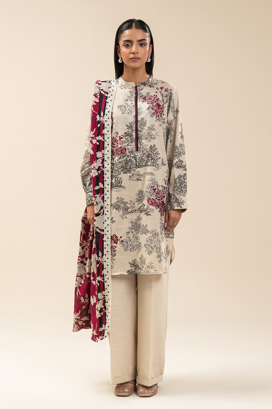 3 PIECE EMBROIDERED SLUB KHADDAR SUIT-IVORY ORCHID (UNSTITCHED)
