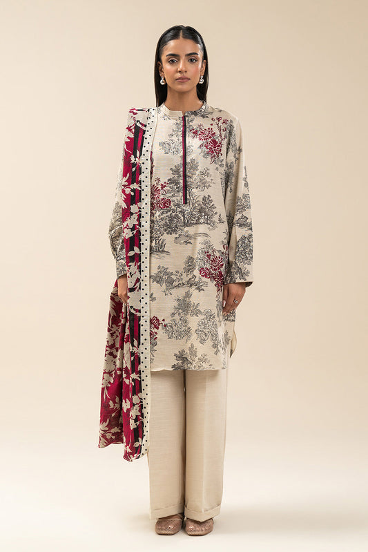 3 PIECE EMBROIDERED SLUB KHADDAR SUIT-IVORY ORCHID (UNSTITCHED)