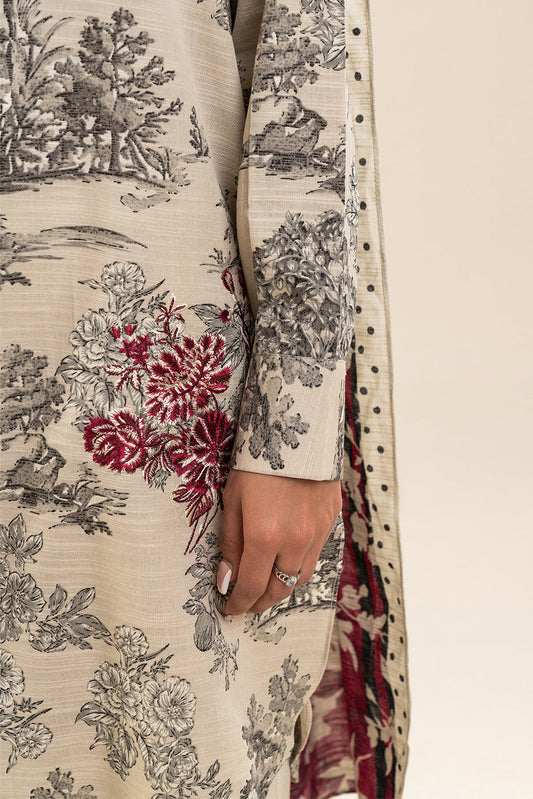 3 PIECE EMBROIDERED SLUB KHADDAR SUIT-IVORY ORCHID (UNSTITCHED)