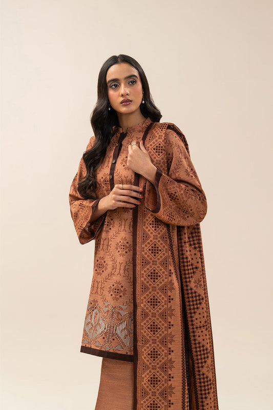 3 PIECE EMBROIDERED SLUB KHADDAR SUIT-BRONZE DUST (UNSTITCHED)